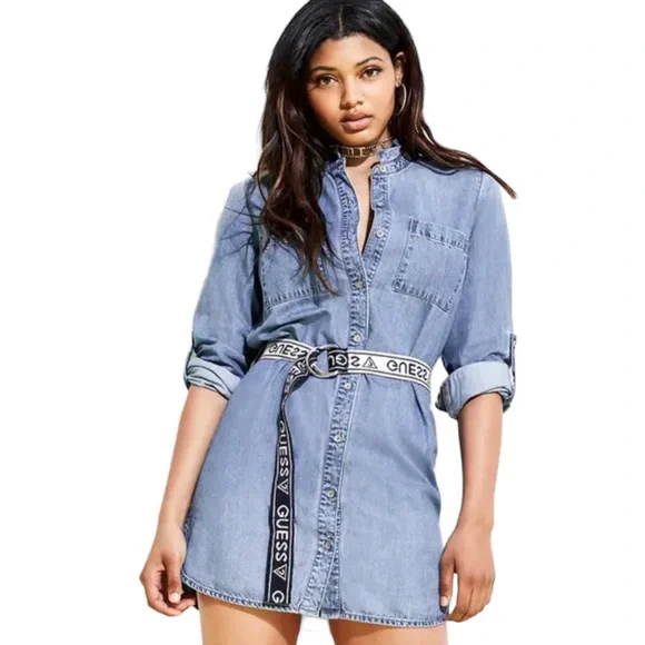 Guess Aubrey Cotton Denim Shirtdress - Blue S